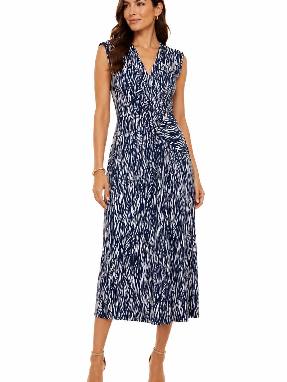 Ghost London Abstract Graphic Ruched Sleeveless Midi Dress S